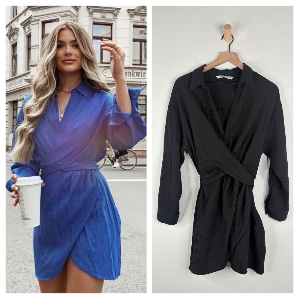 🧺 5 for $25 Sale Zara Black Shirt Dress Size Large Belt Tie Waist Long Sleeve